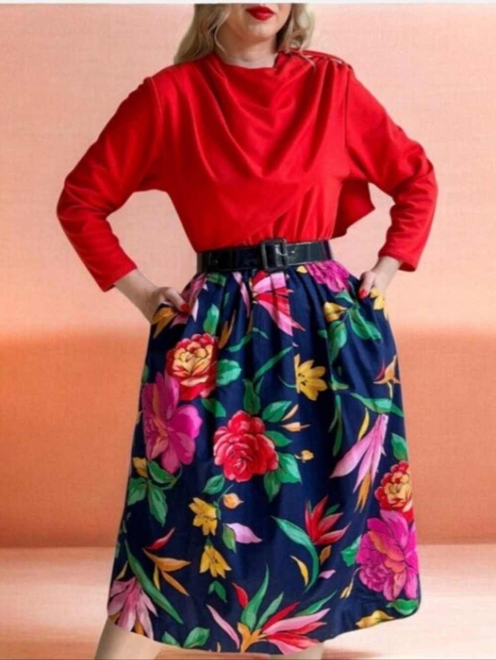 Vintage Clothing Floral Navy A-Line Midi Skirt - Navy Floral